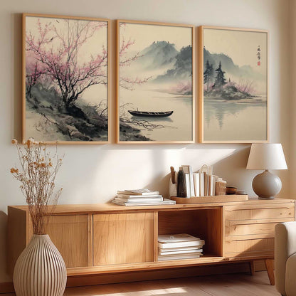 Big Aesthetic Nature Art Wall Framed Posters | Japanese Nature View Framed Painting for Living Room Bedroom Wall Decor