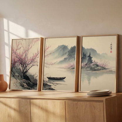 Big Aesthetic Nature Art Wall Framed Posters | Japanese Nature View Framed Painting for Living Room Bedroom Wall Decor