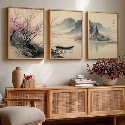Big Aesthetic Nature Art Wall Framed Posters | Japanese Nature View Framed Painting for Living Room Bedroom Wall Decor