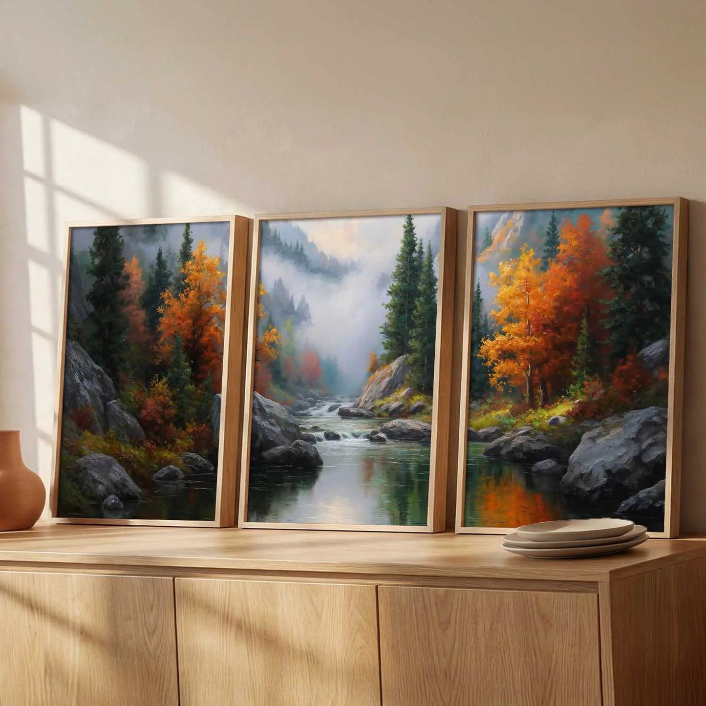 Big Aesthetic Mountains View Wall Art Paintings | River View Framed Painting | Nature Art Vastu Frames for Living Room Bedroom Wall Decor