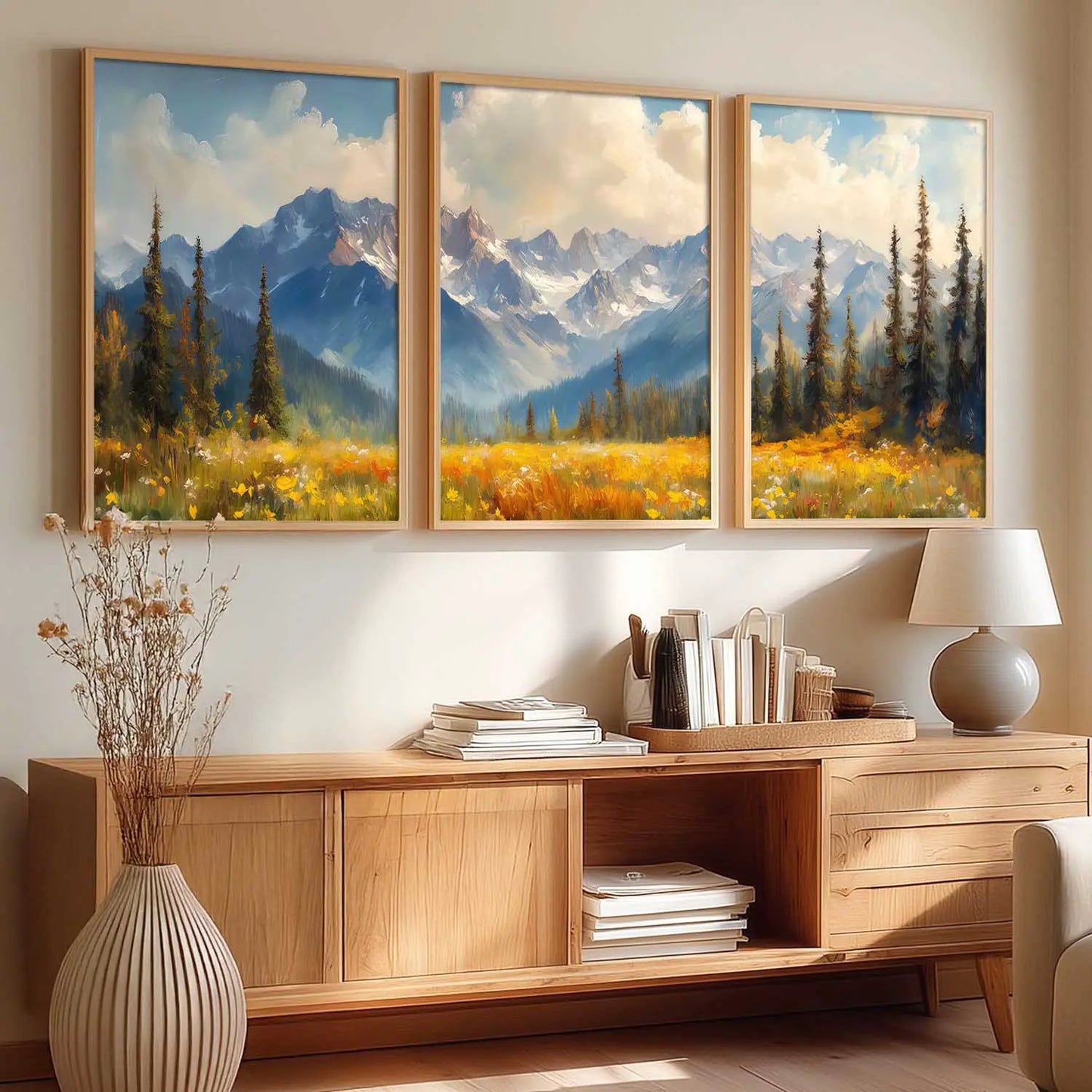 Mountain View Framed Painting | Big Aesthetic Nature Inspired Framed Paintings for Living Room Bedroom Wall Decor