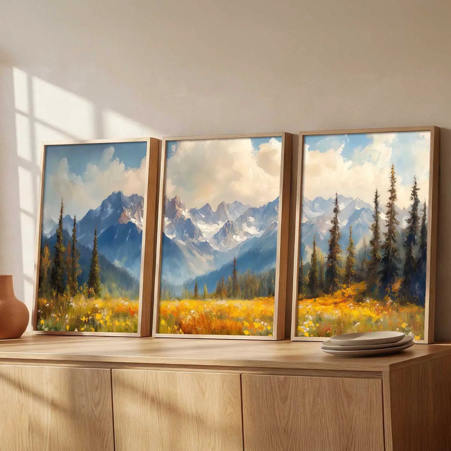 Mountain View Framed Painting | Big Aesthetic Nature Inspired Framed Paintings for Living Room Bedroom Wall Decor