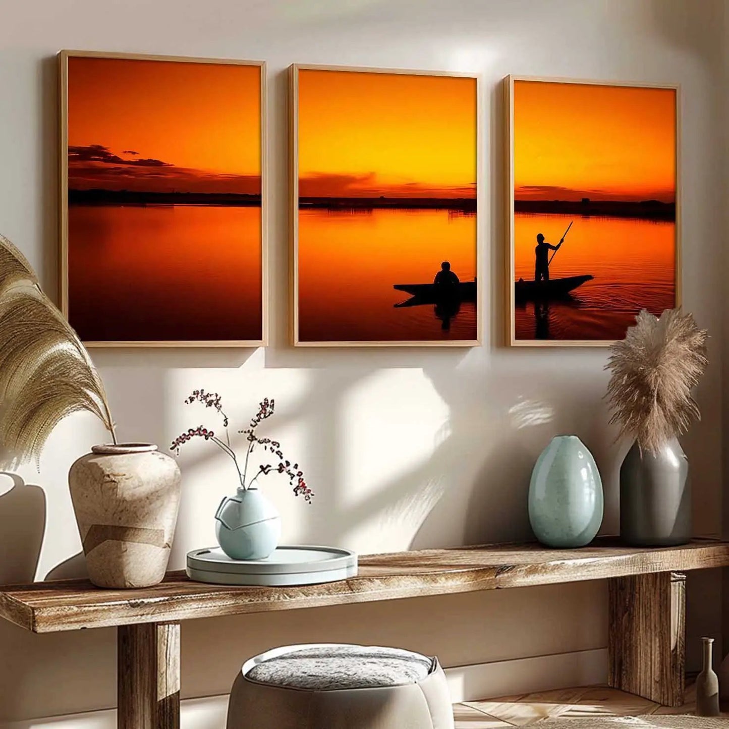 Big Aesthetic Sunset View Wall Art Paintings | River Landscape Framed Painting | Vastu Frames for Living Room Bedroom Wall Decor