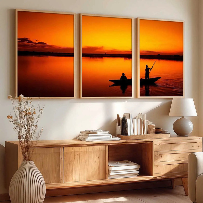 Big Aesthetic Sunset View Wall Art Paintings | River Landscape Framed Painting | Vastu Frames for Living Room Bedroom Wall Decor