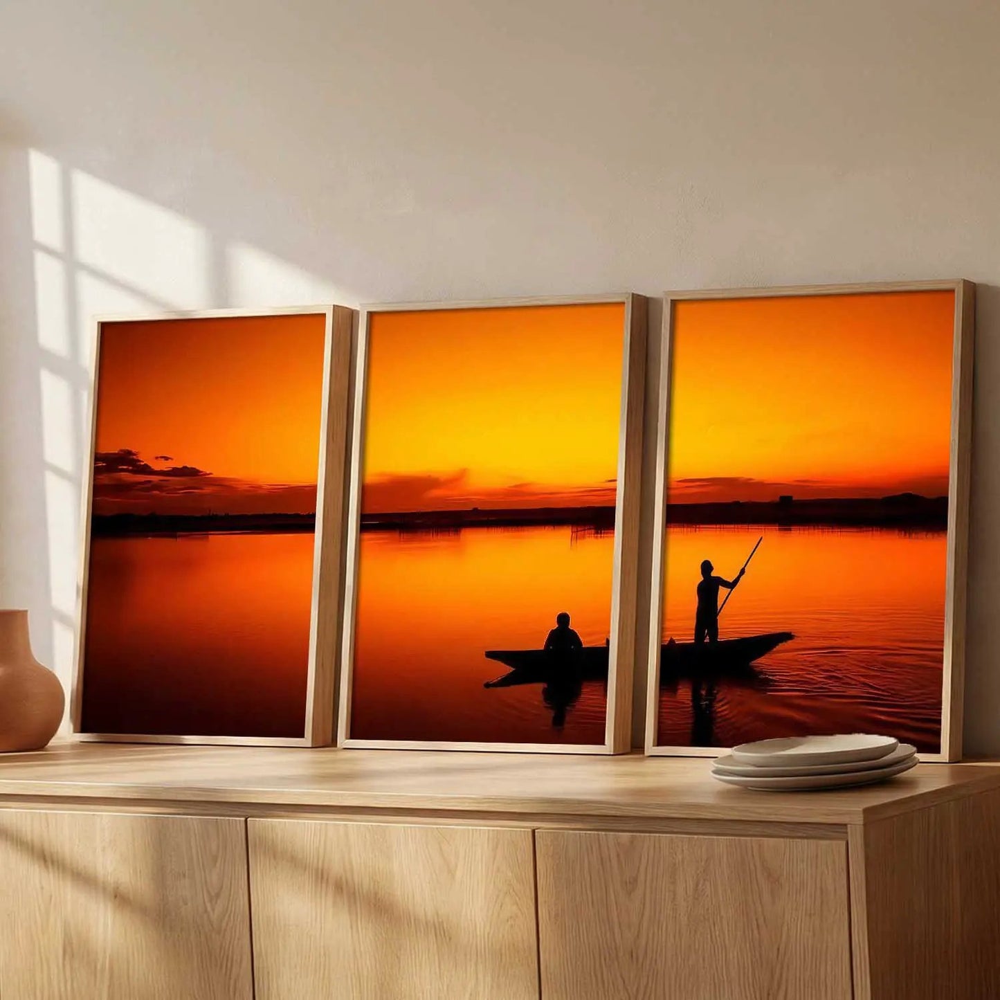 Big Aesthetic Sunset View Wall Art Paintings | River Landscape Framed Painting | Vastu Frames for Living Room Bedroom Wall Decor