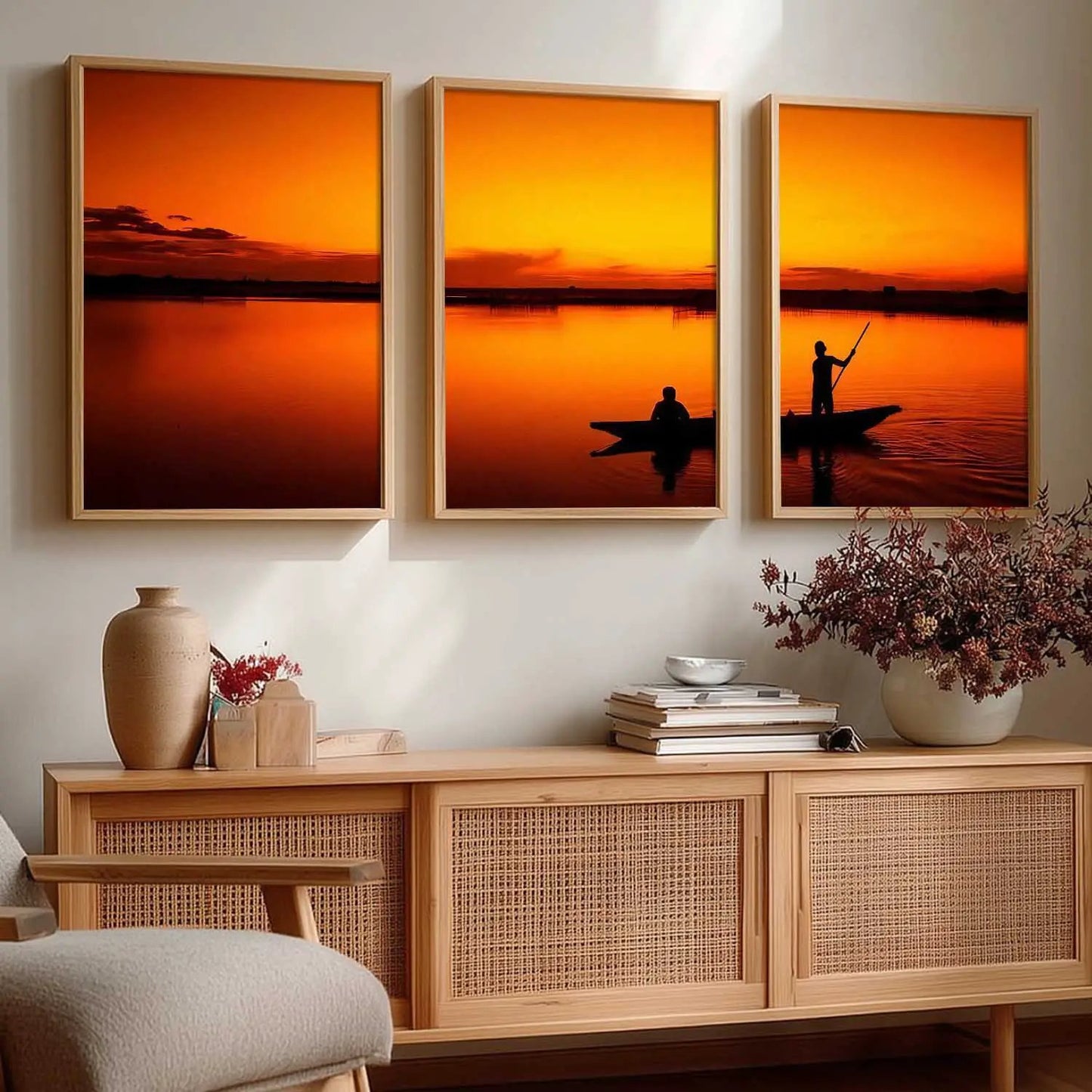 Big Aesthetic Sunset View Wall Art Paintings | River Landscape Framed Painting | Vastu Frames for Living Room Bedroom Wall Decor