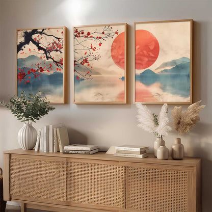 Japanese Nature Art View Framed Poster | Big Aesthetic Sunset Nature Art Wall Framed Posters for Living Room Bedroom Wall Decor