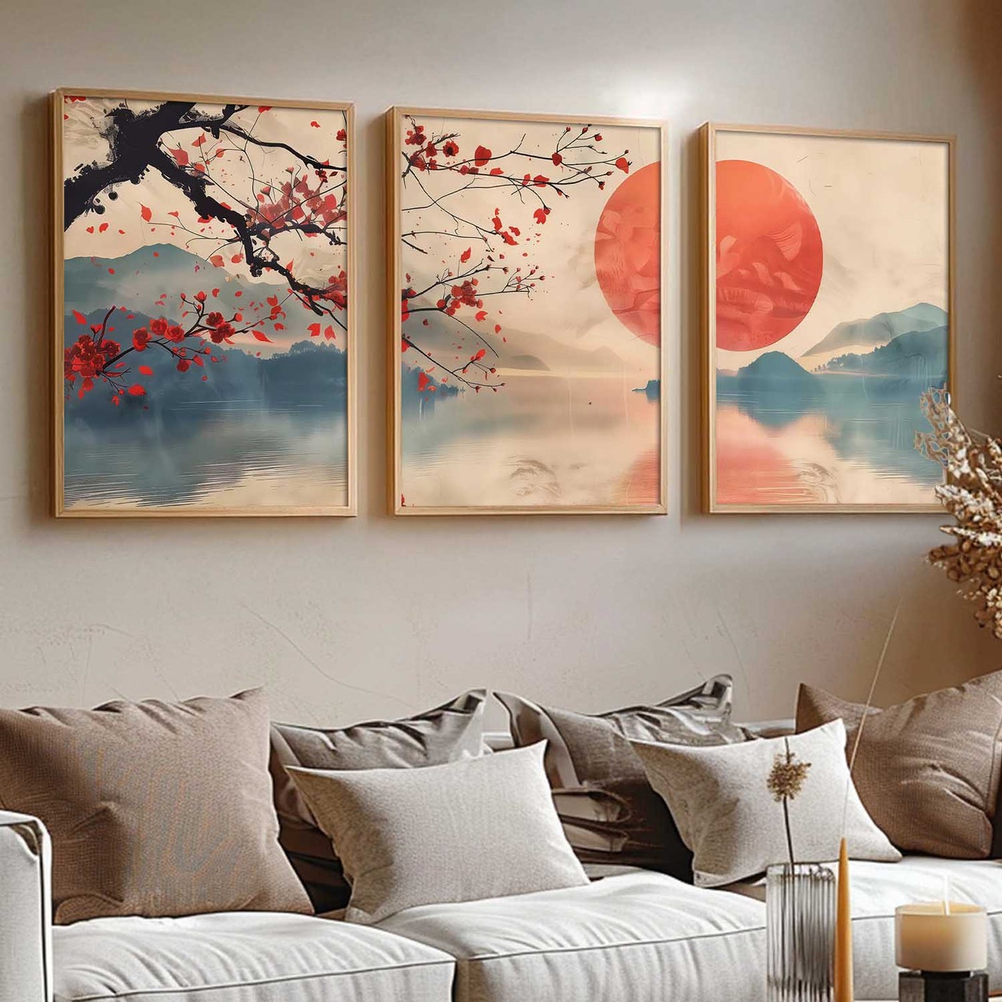Japanese Nature Art View Framed Poster | Big Aesthetic Sunset Nature Art Wall Framed Posters for Living Room Bedroom Wall Decor