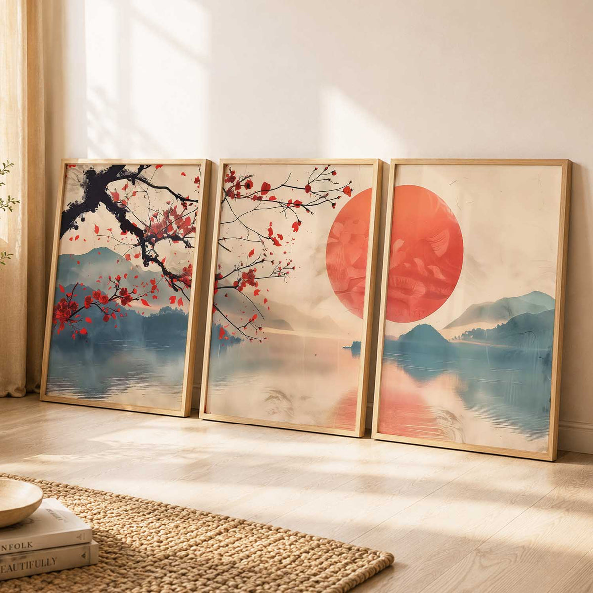 Japanese Nature Art View Framed Poster | Big Aesthetic Sunset Nature Art Wall Framed Posters for Living Room Bedroom Wall Decor