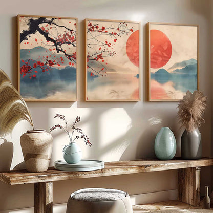 Japanese Nature Art View Framed Poster | Big Aesthetic Sunset Nature Art Wall Framed Posters for Living Room Bedroom Wall Decor