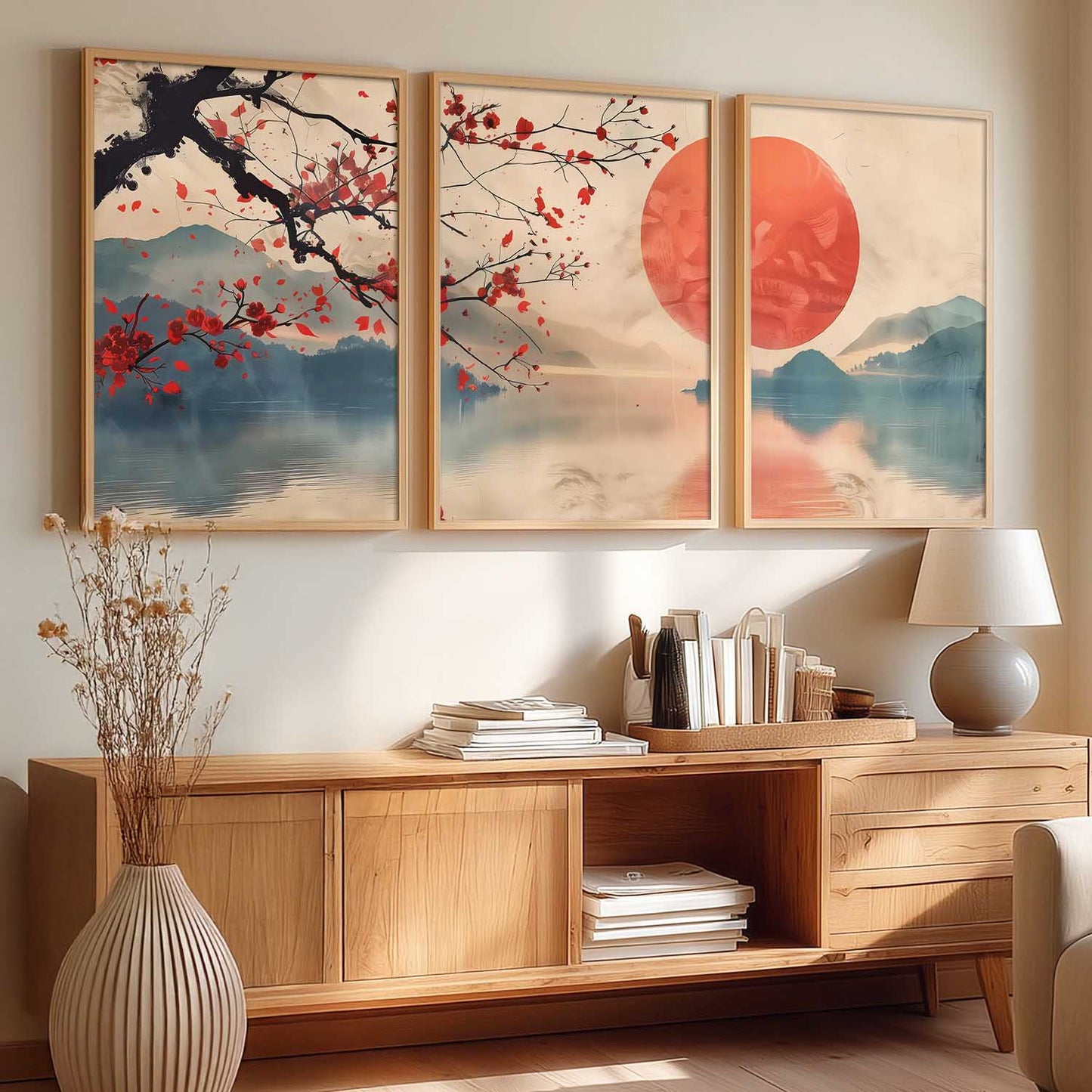 Japanese Nature Art View Framed Poster | Big Aesthetic Sunset Nature Art Wall Framed Posters for Living Room Bedroom Wall Decor