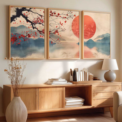 Japanese Nature Art View Framed Poster | Big Aesthetic Sunset Nature Art Wall Framed Posters for Living Room Bedroom Wall Decor