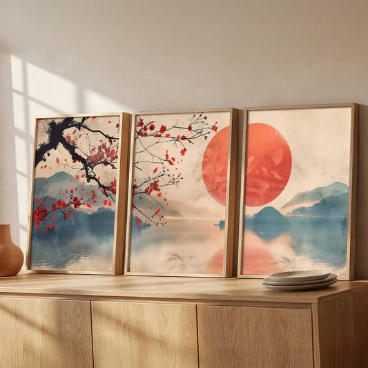 Japanese Nature Art View Framed Poster | Big Aesthetic Sunset Nature Art Wall Framed Posters for Living Room Bedroom Wall Decor