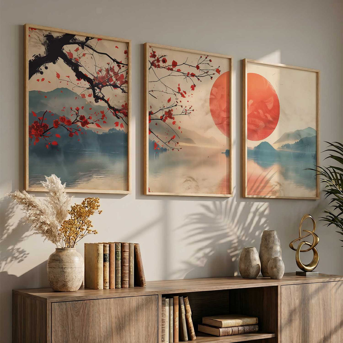 Japanese Nature Art View Framed Poster | Big Aesthetic Sunset Nature Art Wall Framed Posters for Living Room Bedroom Wall Decor