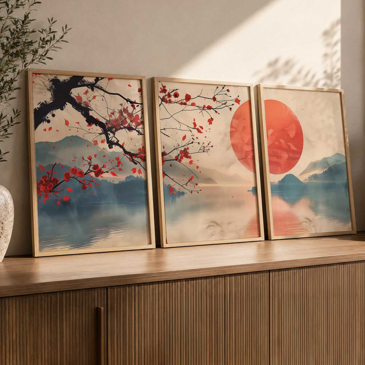 Japanese Nature Art View Framed Poster | Big Aesthetic Sunset Nature Art Wall Framed Posters for Living Room Bedroom Wall Decor