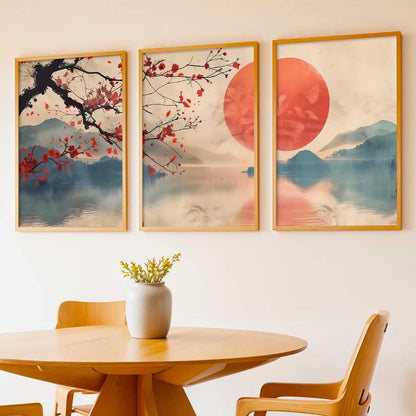 Japanese Nature Art View Framed Poster | Big Aesthetic Sunset Nature Art Wall Framed Posters for Living Room Bedroom Wall Decor