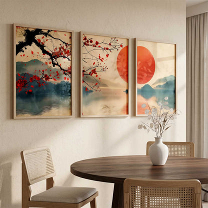 Japanese Nature Art View Framed Poster | Big Aesthetic Sunset Nature Art Wall Framed Posters for Living Room Bedroom Wall Decor