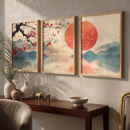 Japanese Nature Art View Framed Poster | Big Aesthetic Sunset Nature Art Wall Framed Posters for Living Room Bedroom Wall Decor
