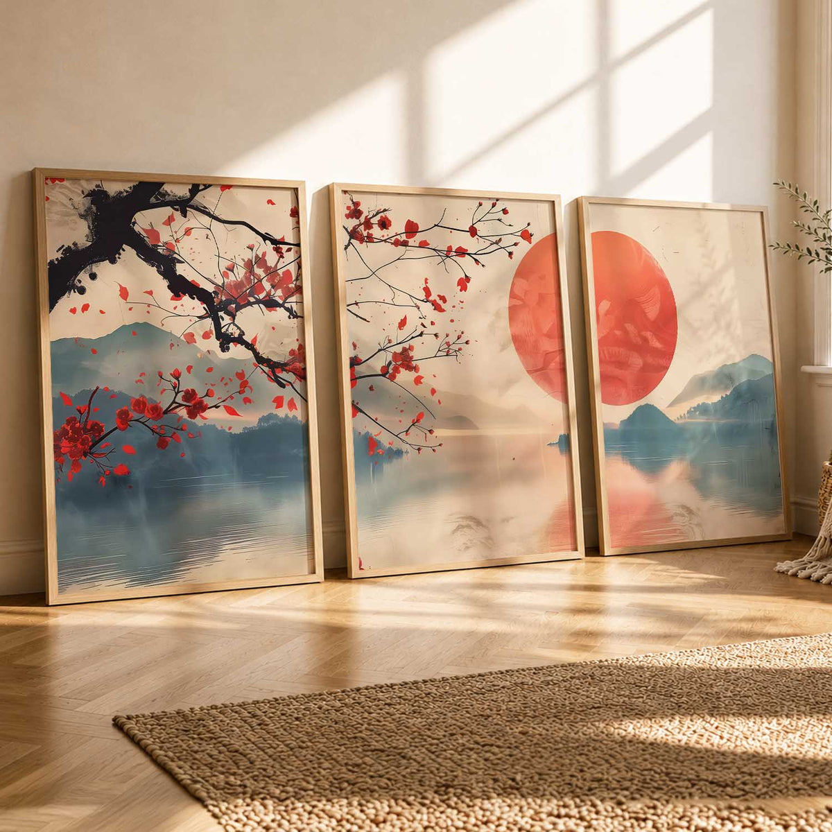 Japanese Nature Art View Framed Poster | Big Aesthetic Sunset Nature Art Wall Framed Posters for Living Room Bedroom Wall Decor