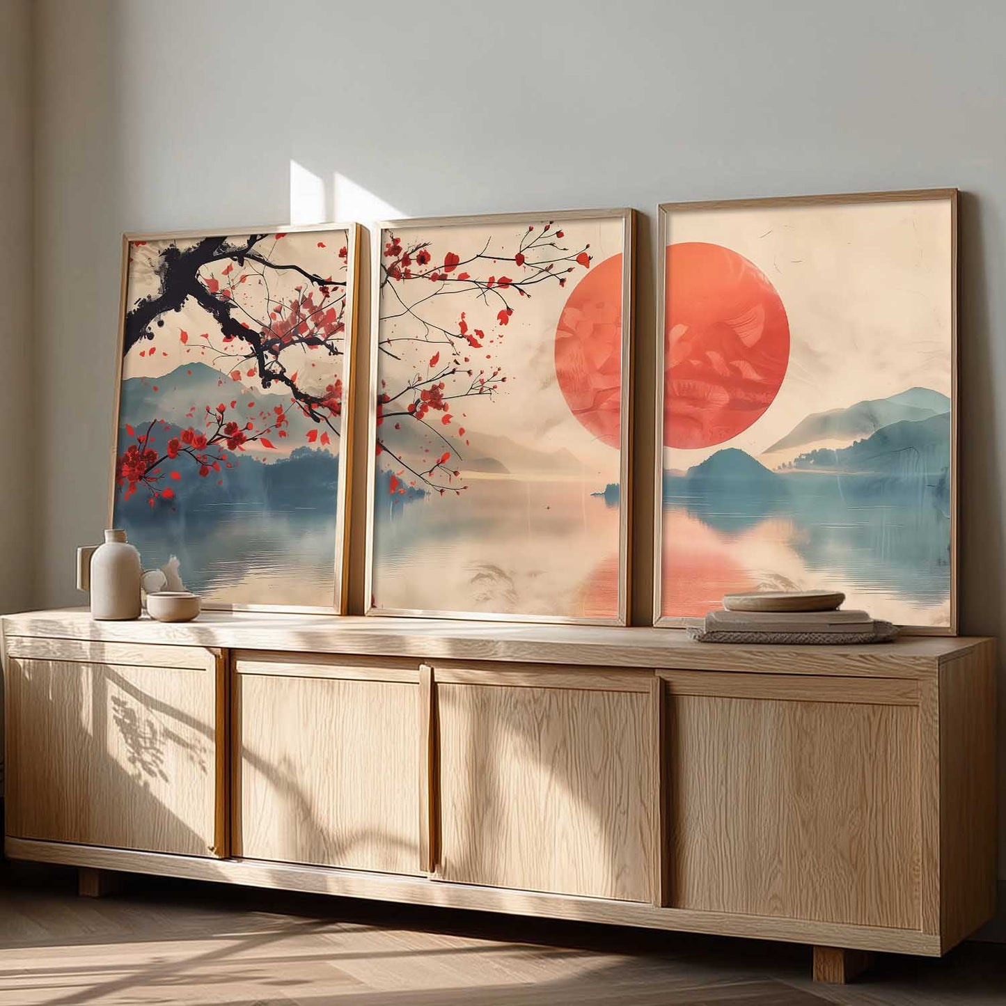 Japanese Nature Art View Framed Poster | Big Aesthetic Sunset Nature Art Wall Framed Posters for Living Room Bedroom Wall Decor