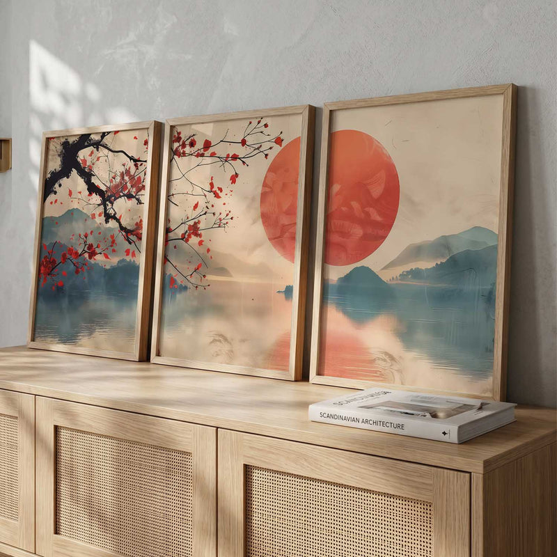 Japanese Nature Art View Framed Poster | Big Aesthetic Sunset Nature Art Wall Framed Posters for Living Room Bedroom Wall Decor