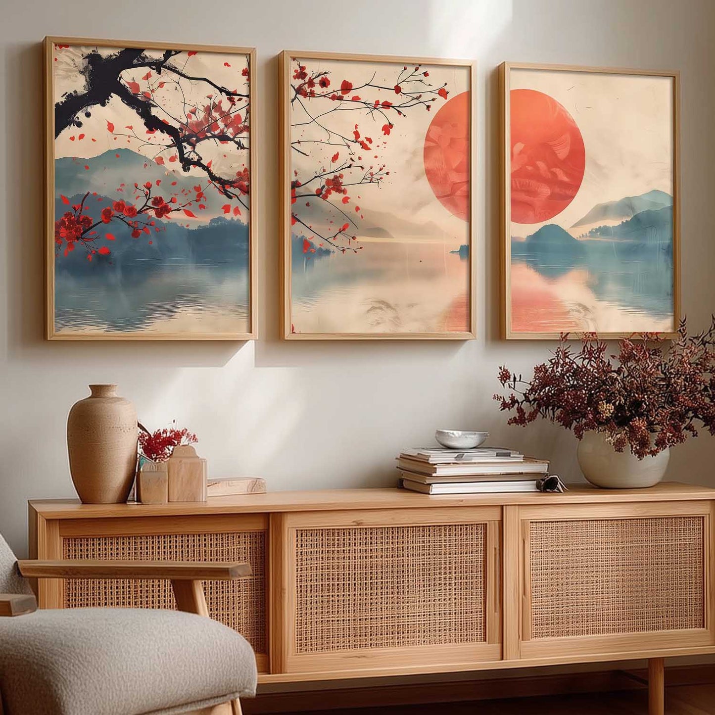 Japanese Nature Art View Framed Poster | Big Aesthetic Sunset Nature Art Wall Framed Posters for Living Room Bedroom Wall Decor
