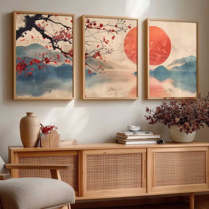 Japanese Nature Art View Framed Poster | Big Aesthetic Sunset Nature Art Wall Framed Posters for Living Room Bedroom Wall Decor