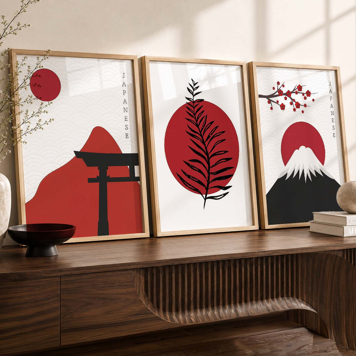 Big Aesthetic Nature Art Wall Framed Posters | Japanese Nature View Framed Painting for Living Room Bedroom Wall Decor