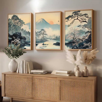 Japanese Nature Art View Framed Poster | Big Aesthetic Mountain View Art Wall Framed Posters for Living Room Bedroom Wall Decor