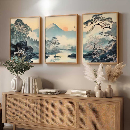 Japanese Nature Art View Framed Poster | Big Aesthetic Mountain View Art Wall Framed Posters for Living Room Bedroom Wall Decor