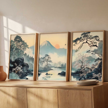 Japanese Nature Art View Framed Poster | Big Aesthetic Mountain View Art Wall Framed Posters for Living Room Bedroom Wall Decor