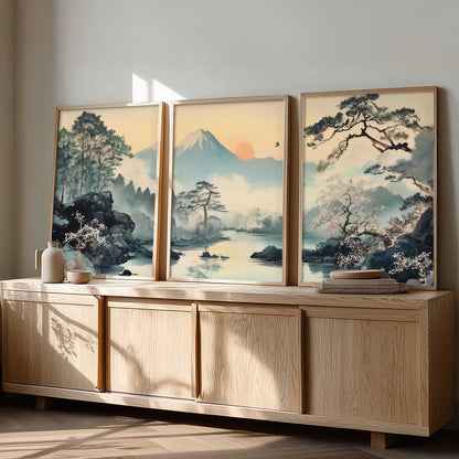 Japanese Nature Art View Framed Poster | Big Aesthetic Mountain View Art Wall Framed Posters for Living Room Bedroom Wall Decor