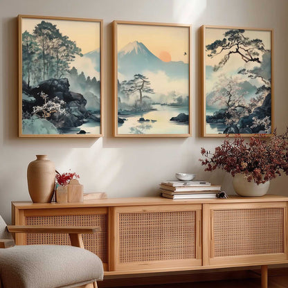 Japanese Nature Art View Framed Poster | Big Aesthetic Mountain View Art Wall Framed Posters for Living Room Bedroom Wall Decor