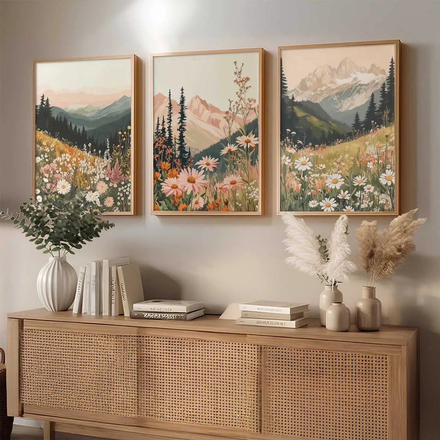 Big Aesthetic Mountains View Wall Art Paintings | Flowers Landscape Framed Painting | Vastu Frames for Living Room Bedroom Wall Decor