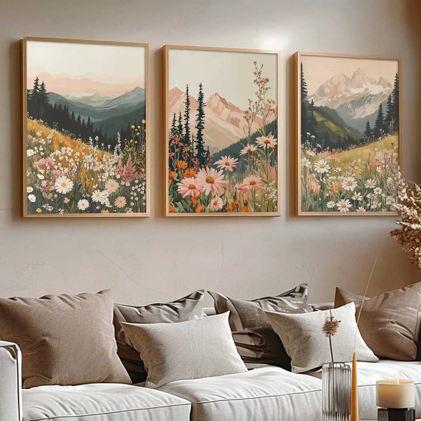 Big Aesthetic Mountains View Wall Art Paintings | Flowers Landscape Framed Painting | Vastu Frames for Living Room Bedroom Wall Decor