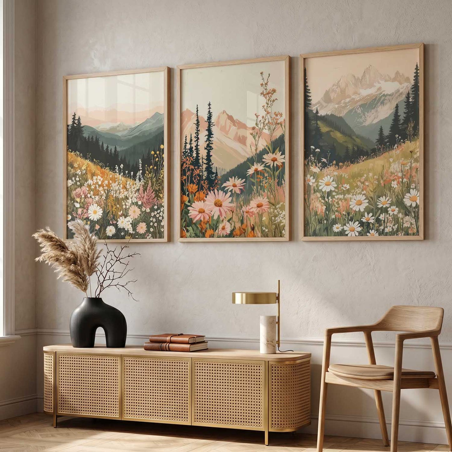 Big Aesthetic Mountains View Wall Art Paintings | Flowers Landscape Framed Painting | Vastu Frames for Living Room Bedroom Wall Decor