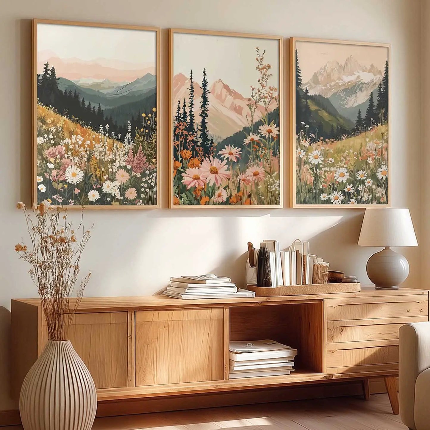 Big Aesthetic Mountains View Wall Art Paintings | Flowers Landscape Framed Painting | Vastu Frames for Living Room Bedroom Wall Decor