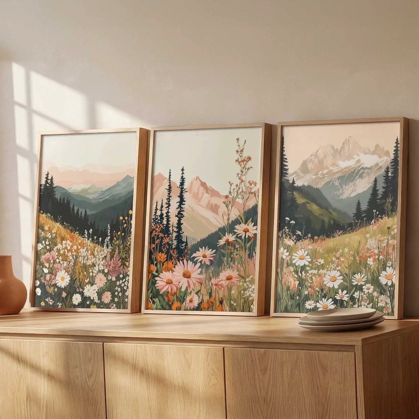 Big Aesthetic Mountains View Wall Art Paintings | Flowers Landscape Framed Painting | Vastu Frames for Living Room Bedroom Wall Decor