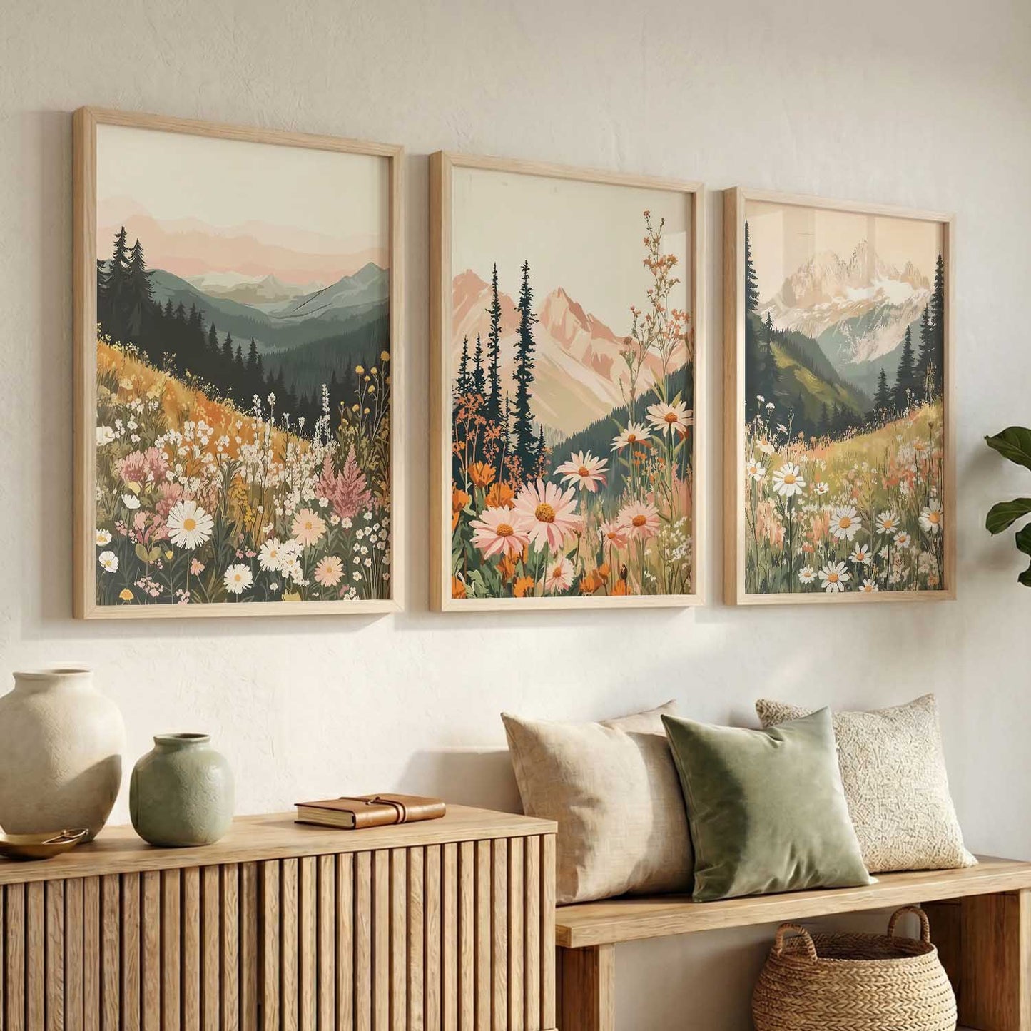 Big Aesthetic Mountains View Wall Art Paintings | Flowers Landscape Framed Painting | Vastu Frames for Living Room Bedroom Wall Decor