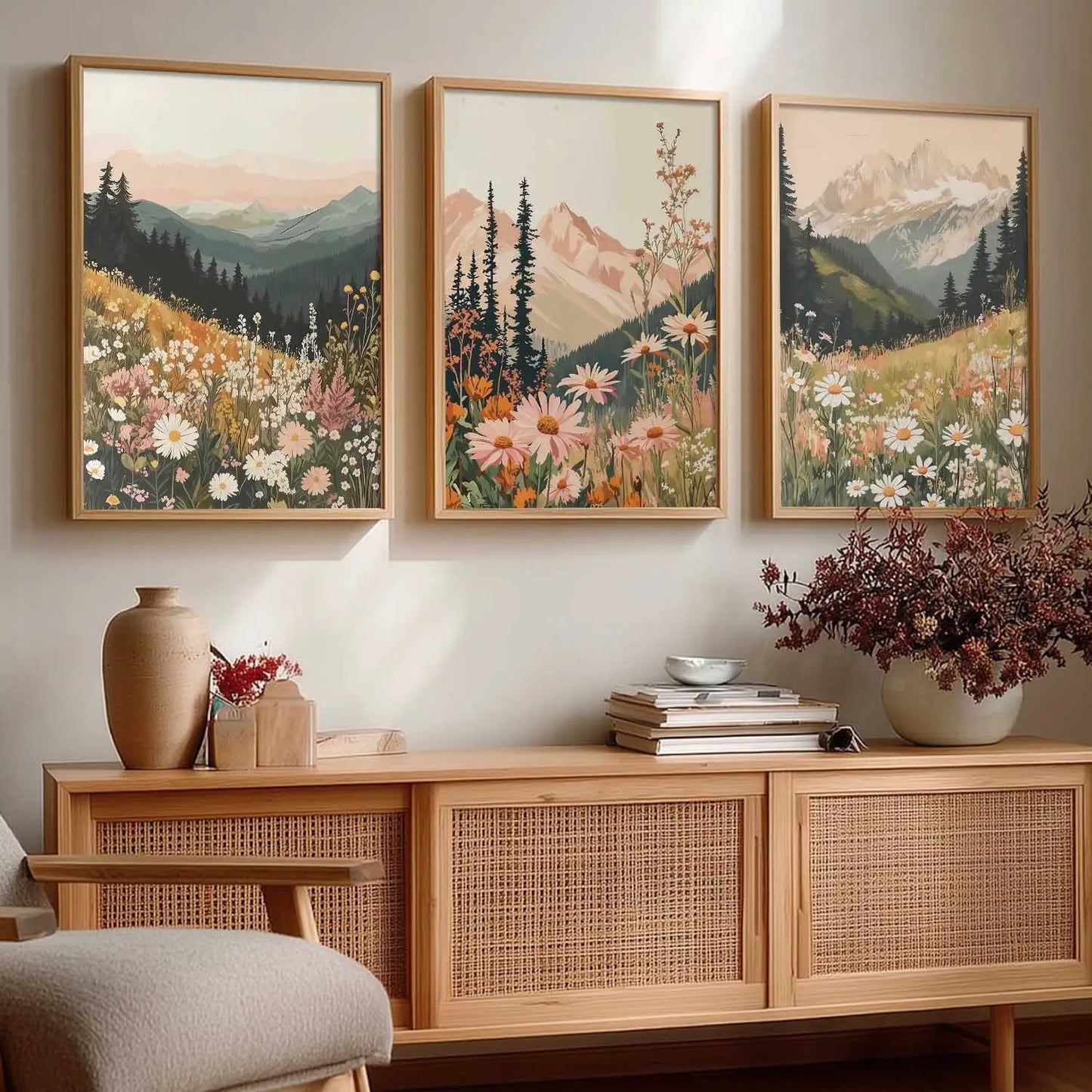 Big Aesthetic Mountains View Wall Art Paintings | Flowers Landscape Framed Painting | Vastu Frames for Living Room Bedroom Wall Decor