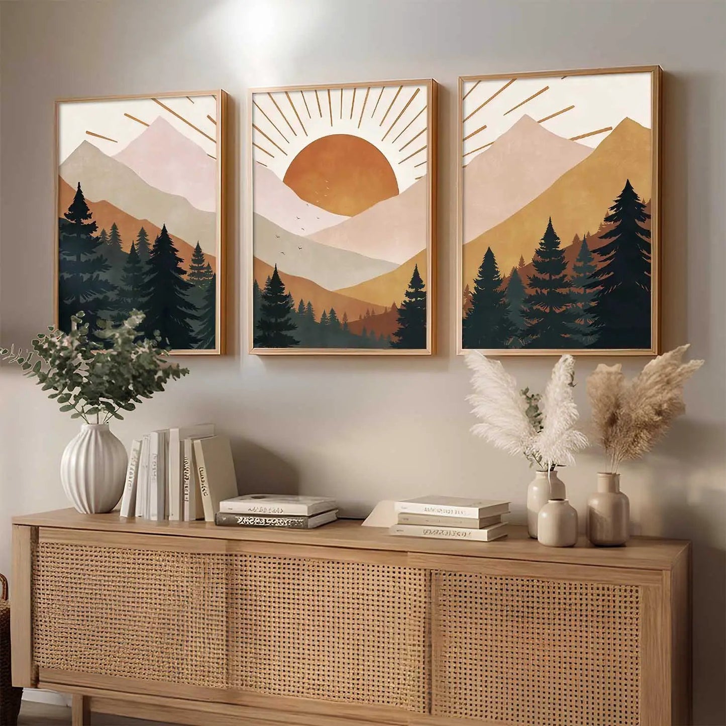 Boho Mountain View Framed Painting | Big Aesthetic Nature Inspired Framed Paintings for Living Room Bedroom Wall Decor