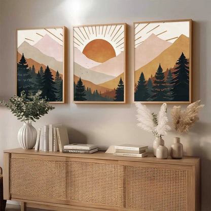 Boho Mountain View Framed Painting | Big Aesthetic Nature Inspired Framed Paintings for Living Room Bedroom Wall Decor
