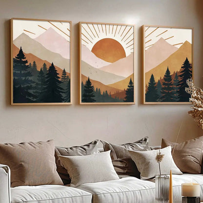 Boho Mountain View Framed Painting | Big Aesthetic Nature Inspired Framed Paintings for Living Room Bedroom Wall Decor