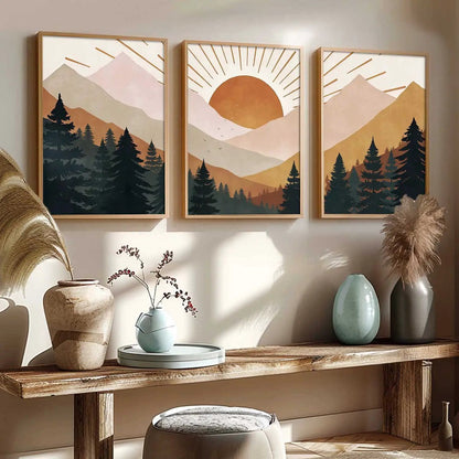 Boho Mountain View Framed Painting | Big Aesthetic Nature Inspired Framed Paintings for Living Room Bedroom Wall Decor