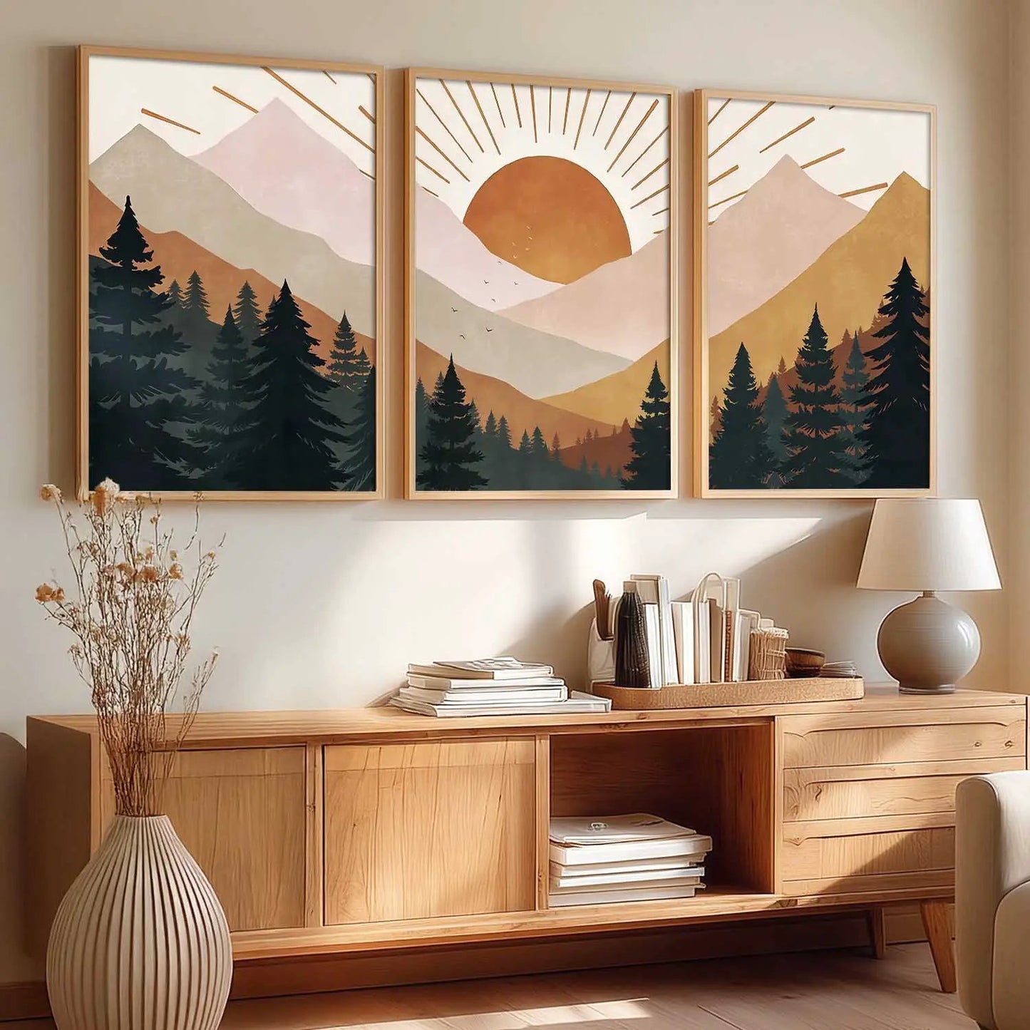 Boho Mountain View Framed Painting | Big Aesthetic Nature Inspired Framed Paintings for Living Room Bedroom Wall Decor