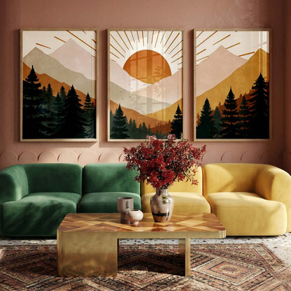 Boho Mountain View Framed Painting | Big Aesthetic Nature Inspired Framed Paintings for Living Room Bedroom Wall Decor