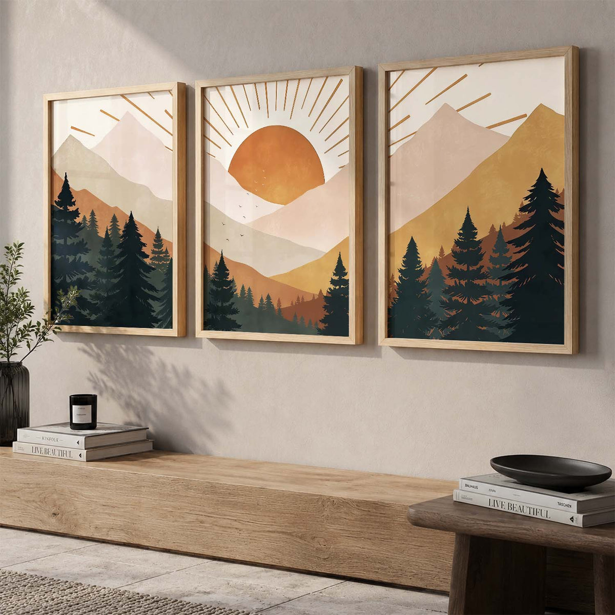 Boho Mountain View Framed Painting | Big Aesthetic Nature Inspired Framed Paintings for Living Room Bedroom Wall Decor