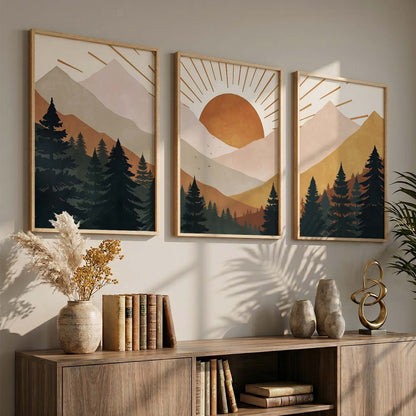 Boho Mountain View Framed Painting | Big Aesthetic Nature Inspired Framed Paintings for Living Room Bedroom Wall Decor