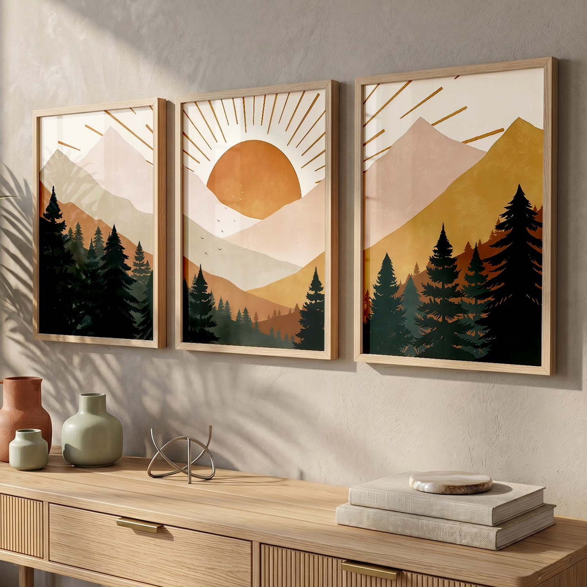 Boho Mountain View Framed Painting | Big Aesthetic Nature Inspired Framed Paintings for Living Room Bedroom Wall Decor