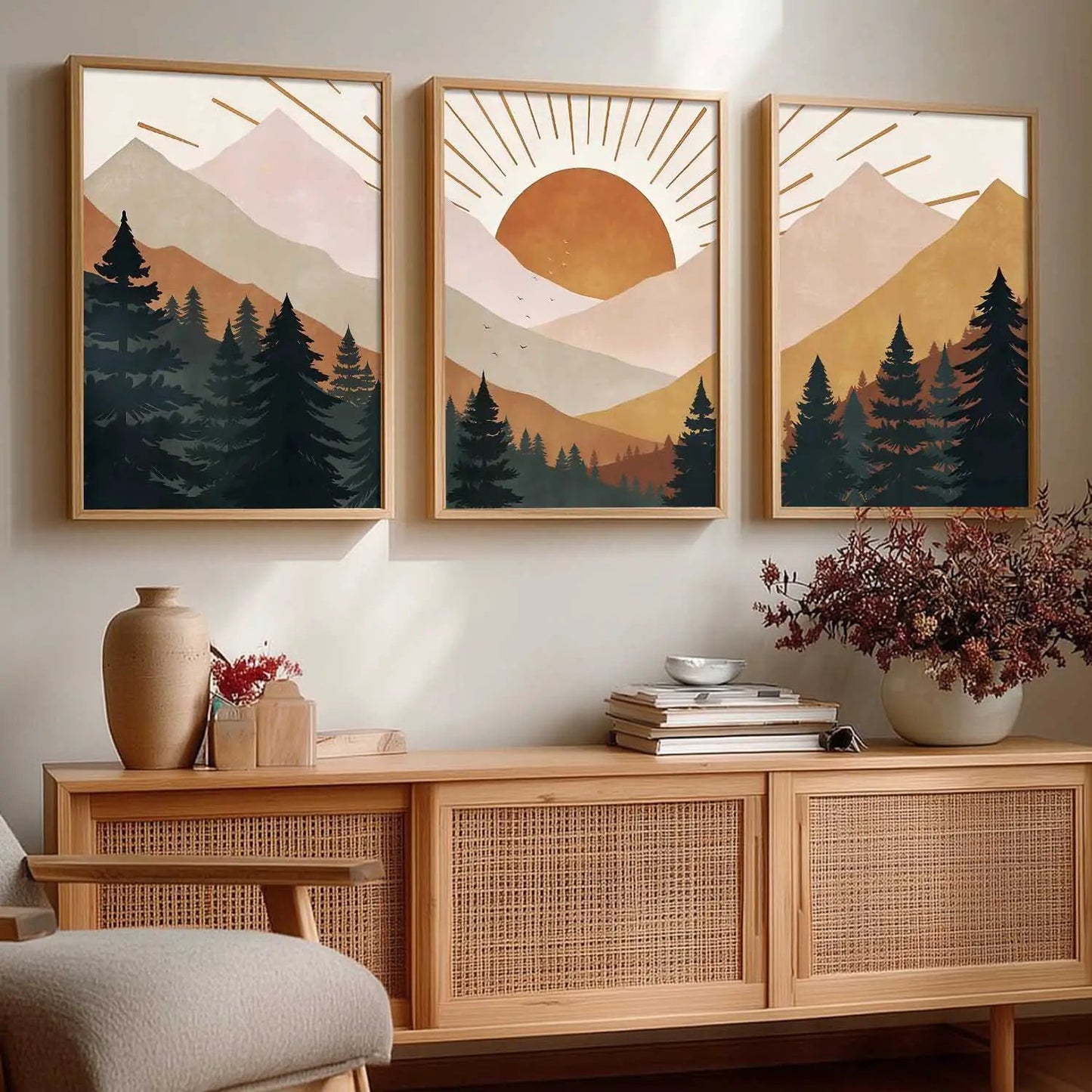 Boho Mountain View Framed Painting | Big Aesthetic Nature Inspired Framed Paintings for Living Room Bedroom Wall Decor